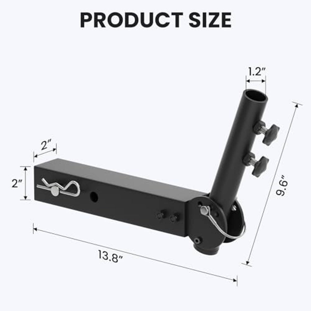Black universal hitch flagpole mount with dimensioned arm and angled pole receiver