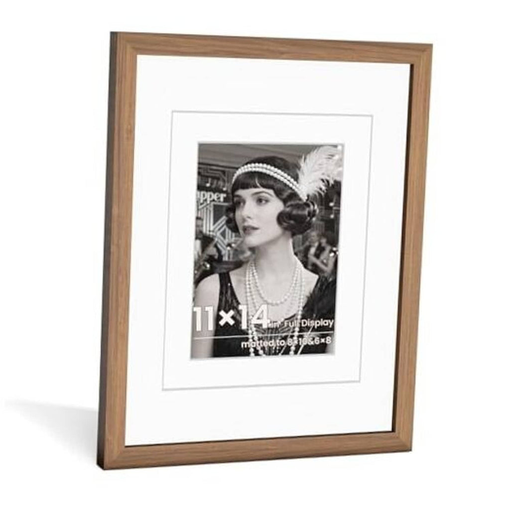 Walnut wood 11x14 picture frame with HD glass and double mat, front view.