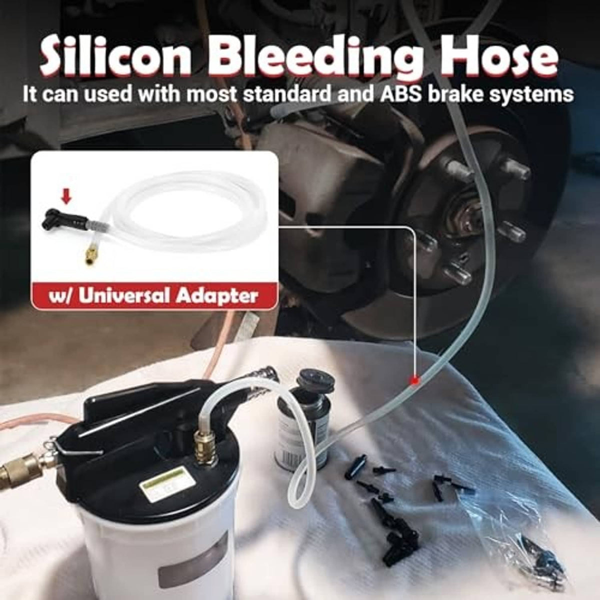 Silicone bleeding hose for brake systems with universal adapter and fittings