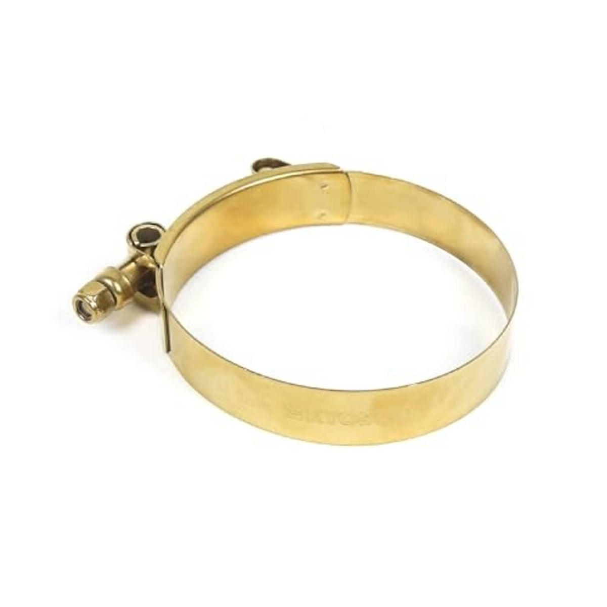 Gold stainless T-bolt hose clamp with loop band and side mounting screw and posts.