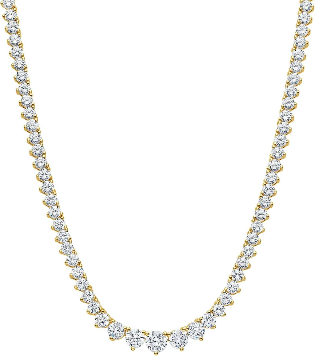 Gold-tone tennis necklace with a graduated row of clear round CZ stones