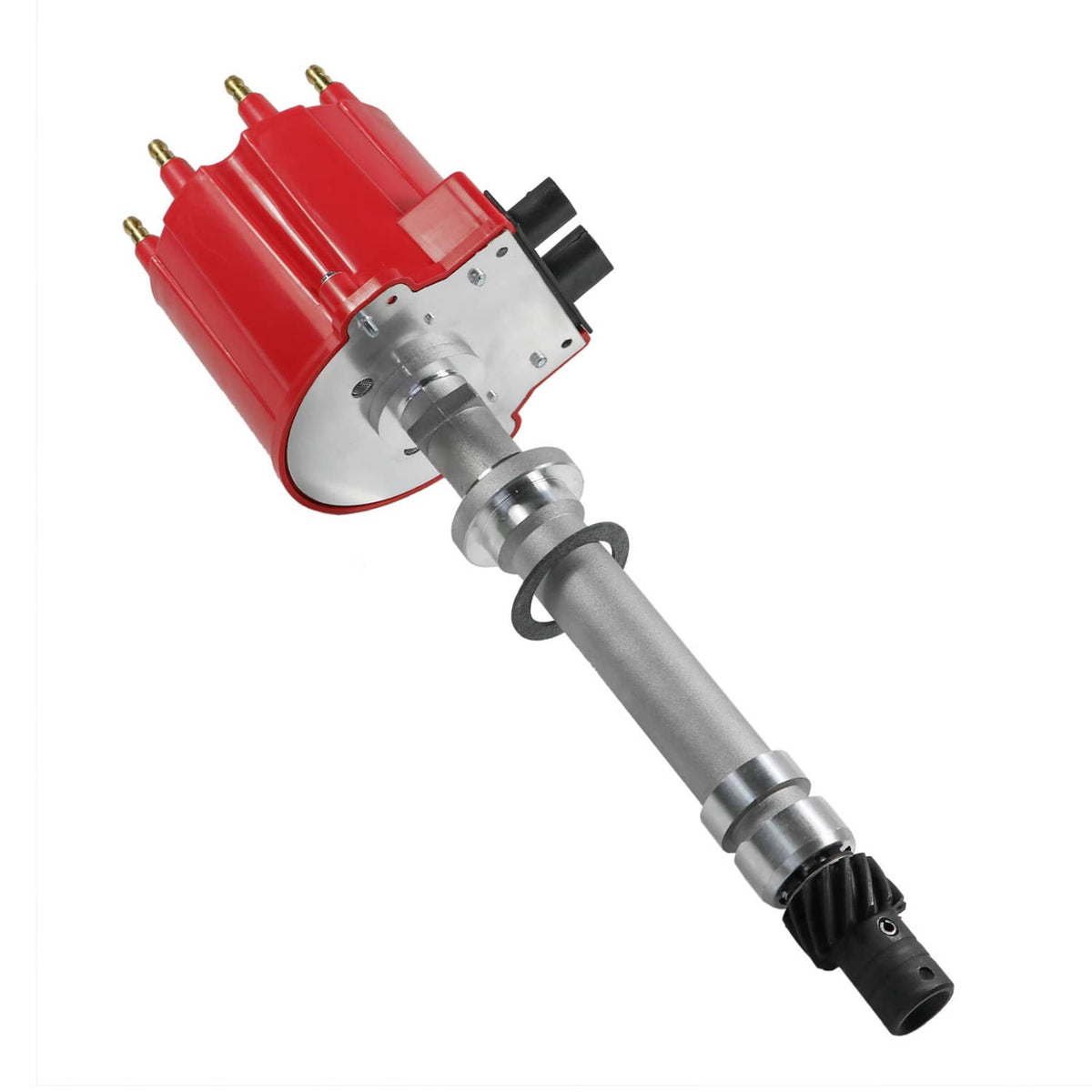 Red ignition distributor with silver shaft and black electrical connector ends