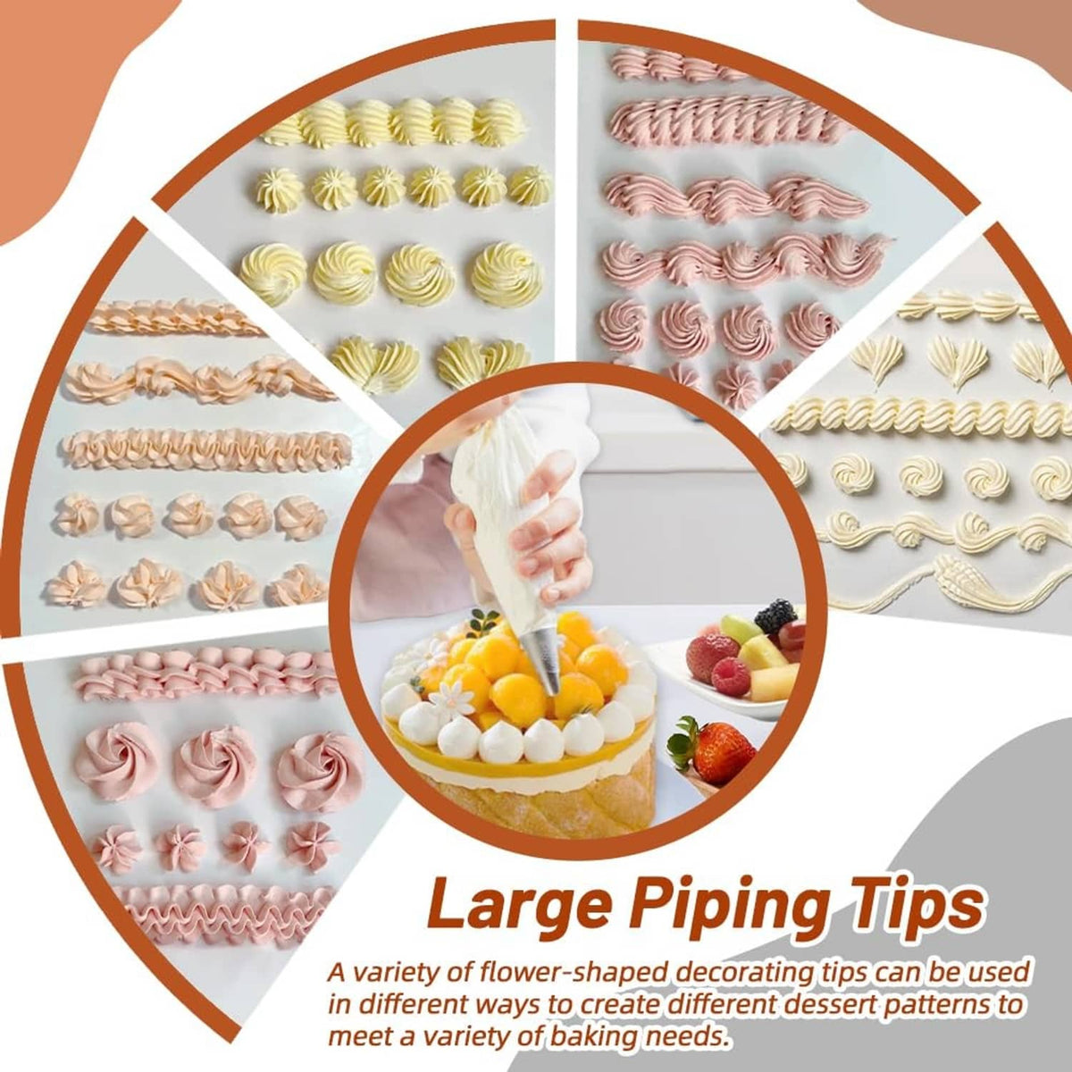 Large piping tips variety with flower-shaped frosting patterns and assorted decorative swirls