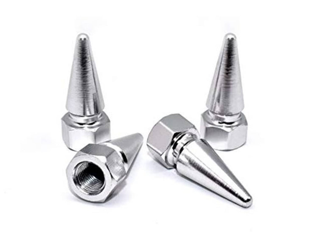 Chrome spike valve stem caps with hex base, universal fit, 4-pack