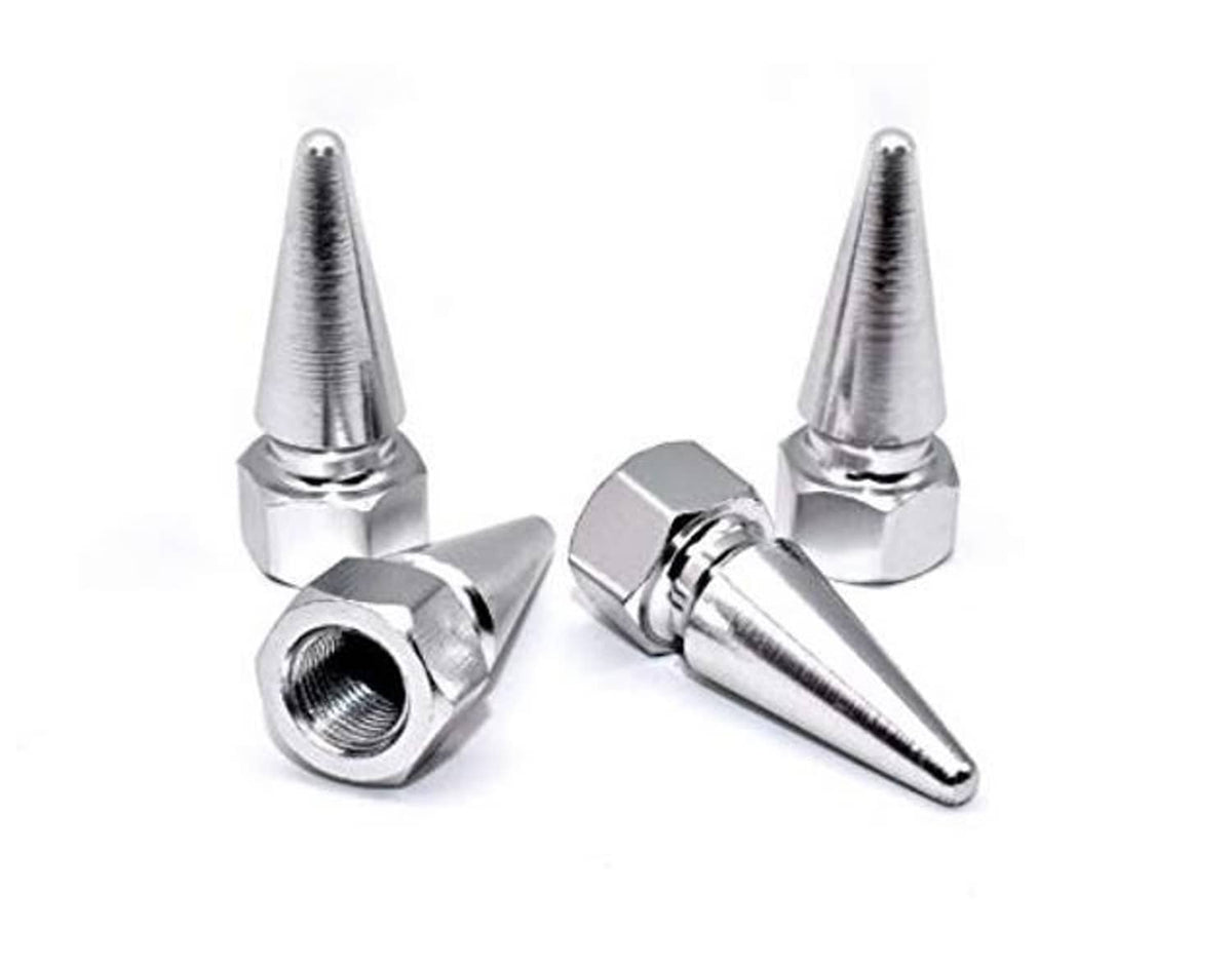Chrome spike valve stem caps with hex base, universal fit, 4-pack