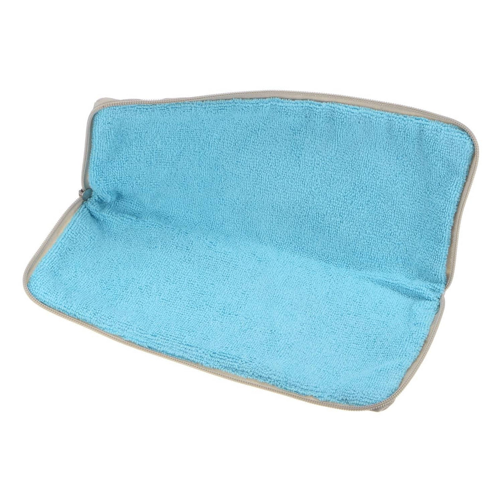 Blue microfiber drying panel inside cream umbrella bag, with zip edge
