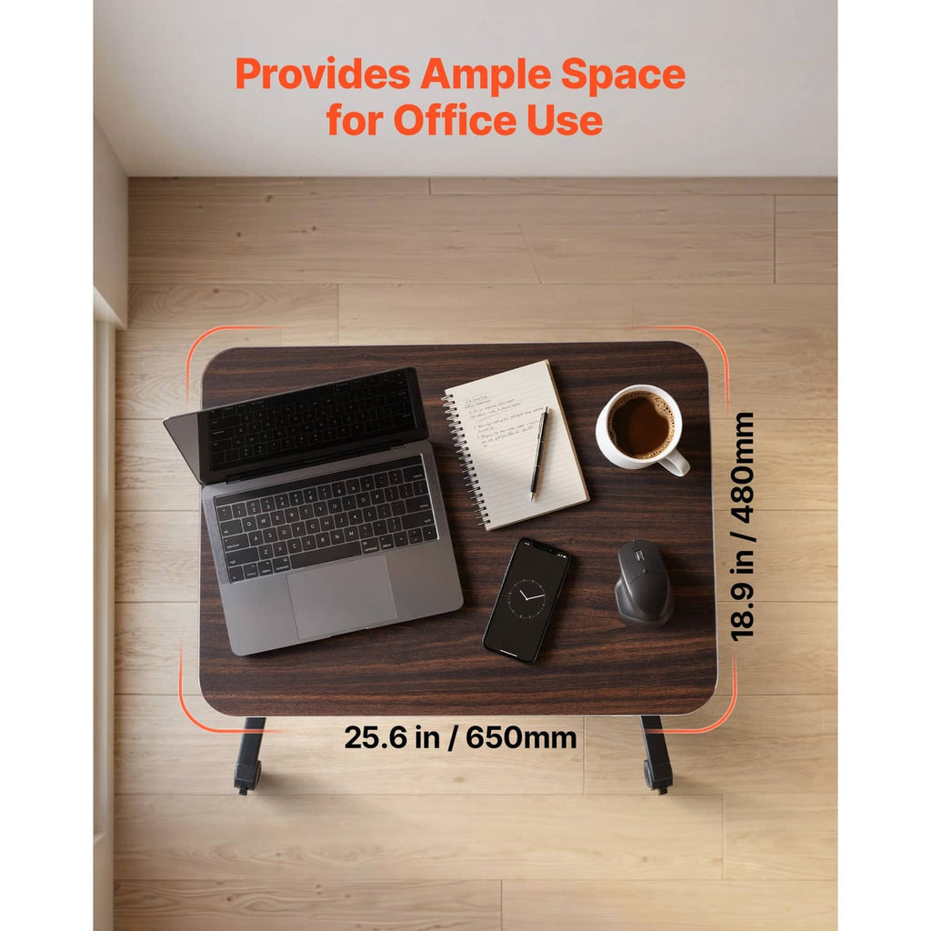 Standing desk with dark wood tabletop, shown with office items and size markings