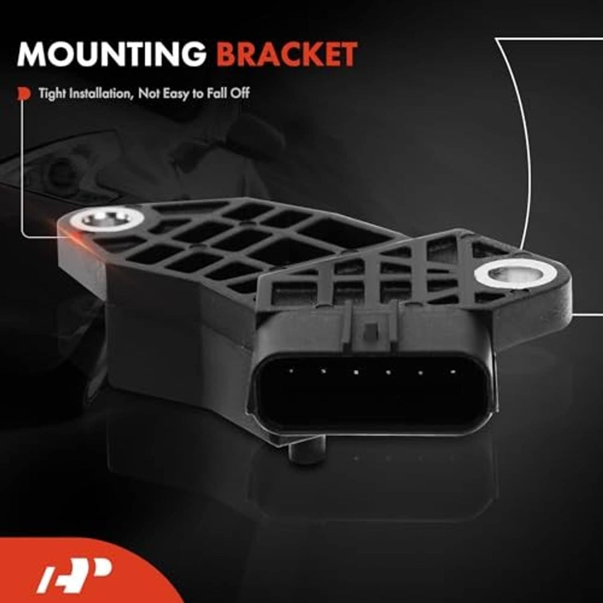 Crankshaft position sensor with mounting bracket and black connector end, close view