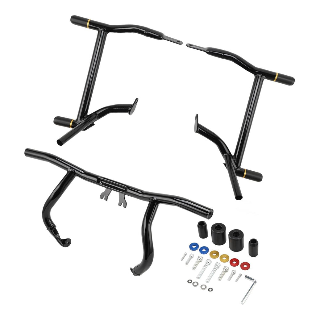 Black crash bar kit with left and right curved guards, bolts, washers, and spacers