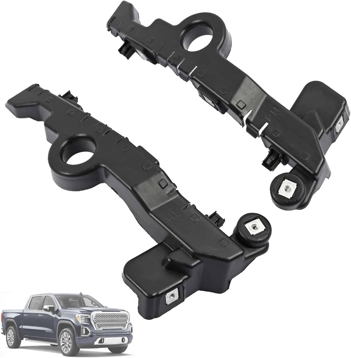 Front bumper guide bracket pair, black plastic with circular eyelets and metal mounting bolts