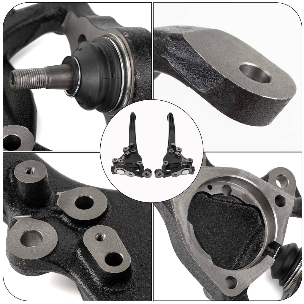 Steering knuckle assembly close-up: black steel arms, hub openings, and mounting bracket