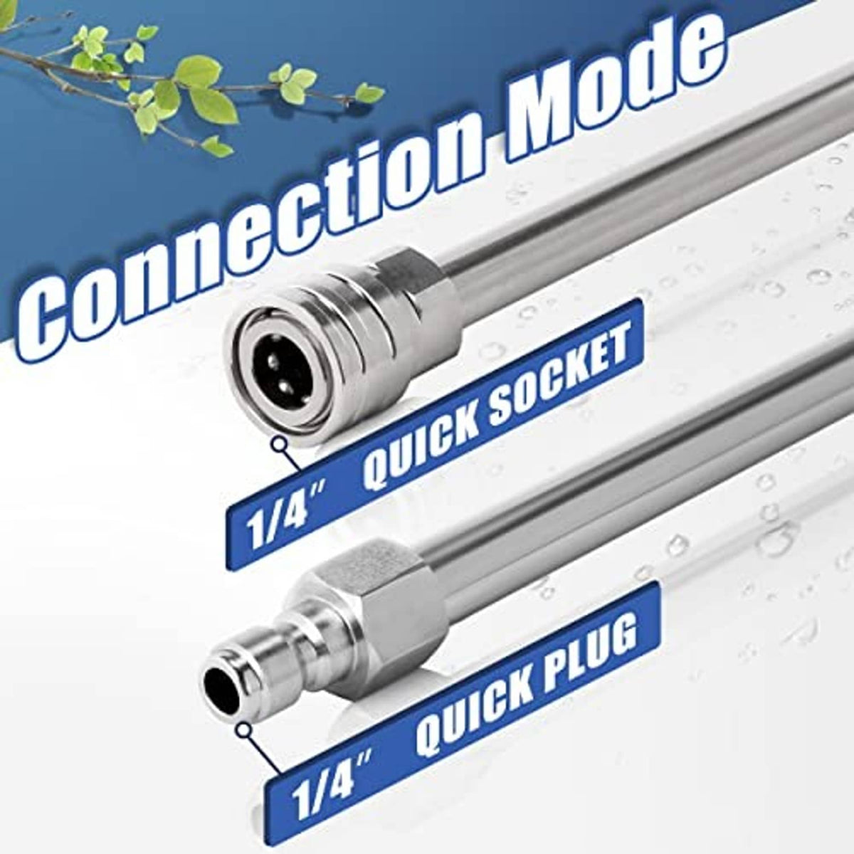 Close-up of silver pressure washer extension wand with 1/4 in quick socket and plug
