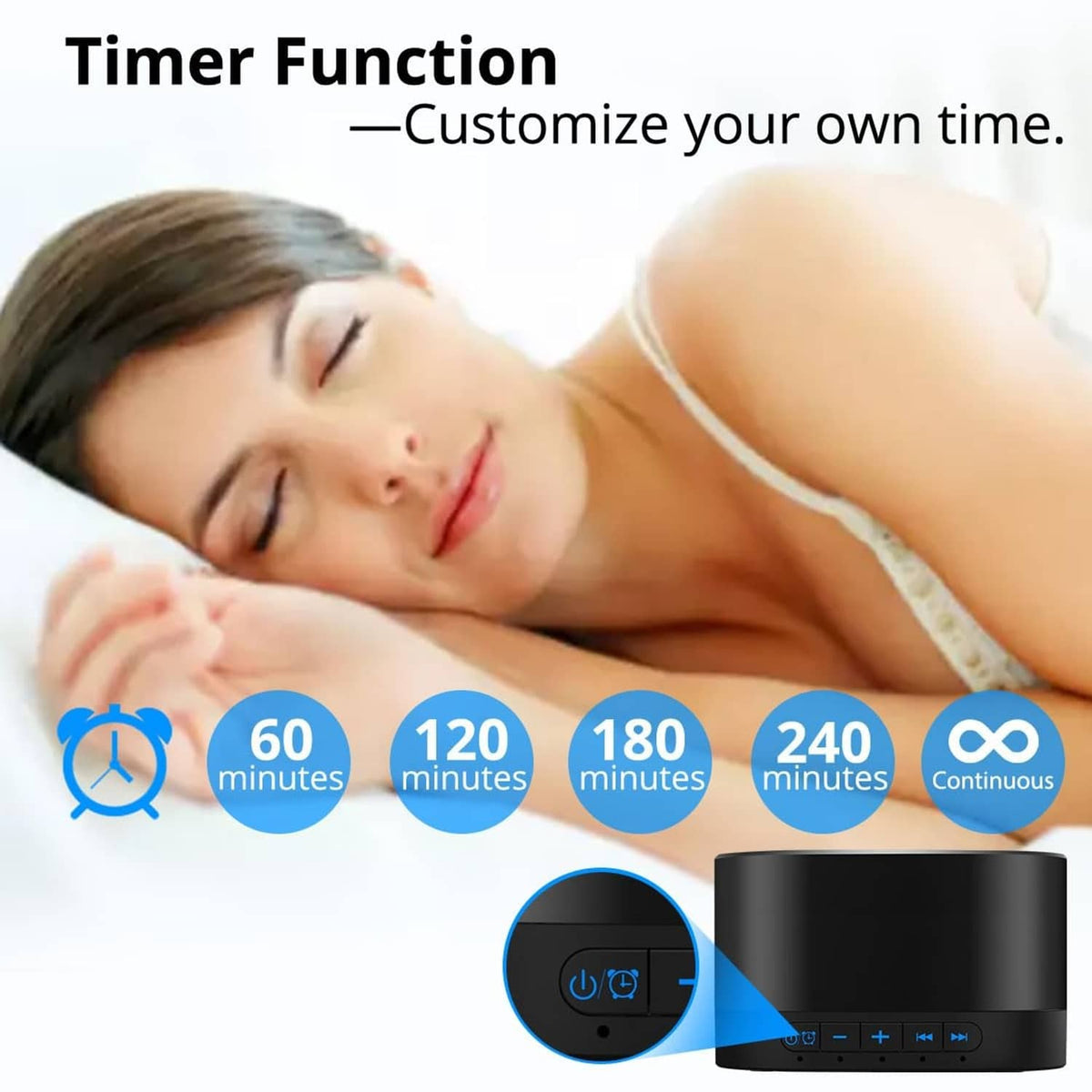 Sound machine with timer function, black cylinder with blue-lit speaker grille and controls