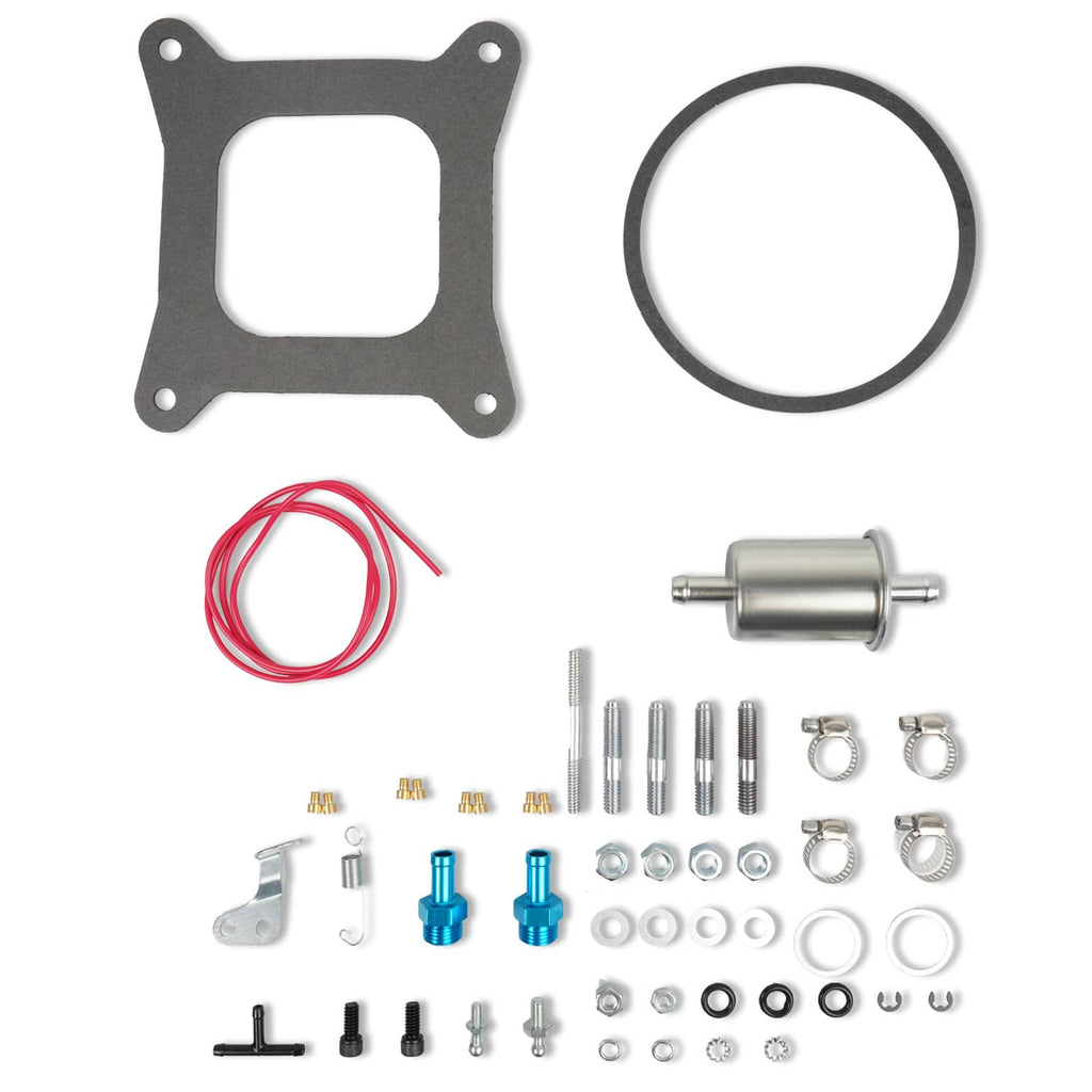 Carburetor e-choke parts kit with gasket, black wiring, and small hardware pieces