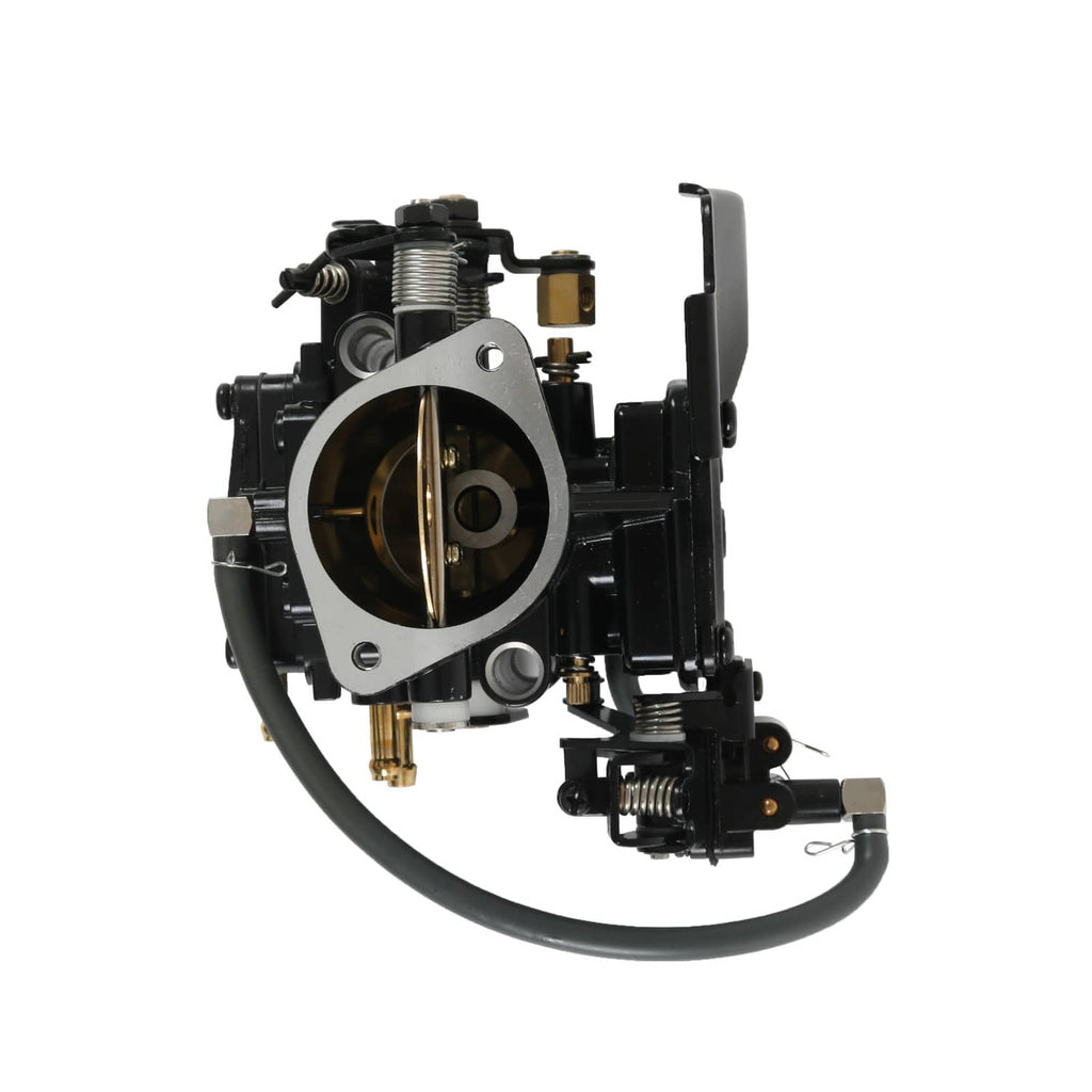 Black carburetor assembly with circular throttle body and connected cables