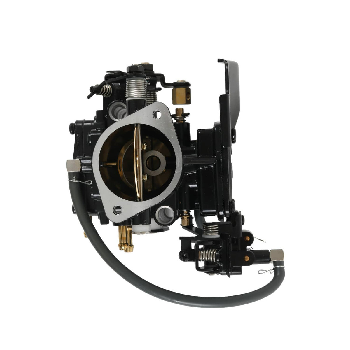 Black carburetor assembly with circular throttle body and connected cables