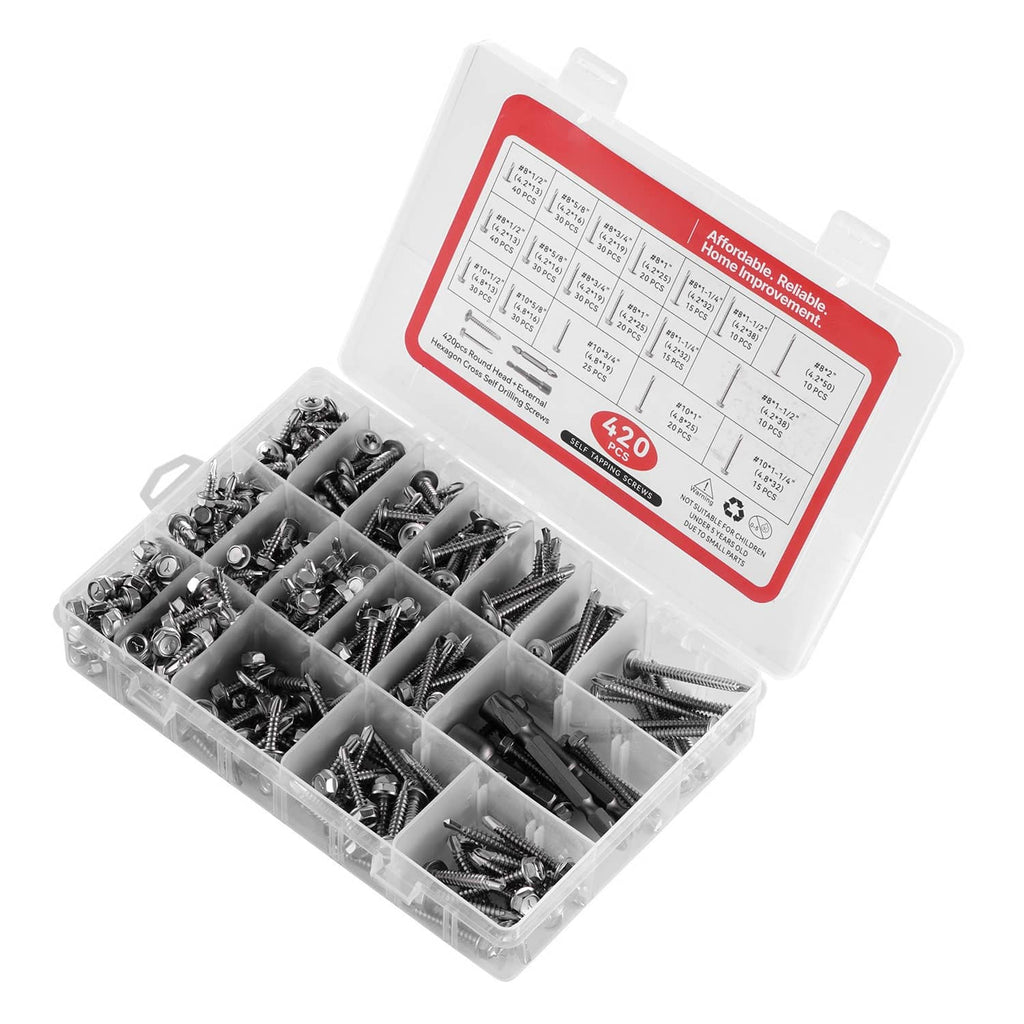 Self-drilling screw assortment set in clear plastic organizer with mixed hex/Phillips screws