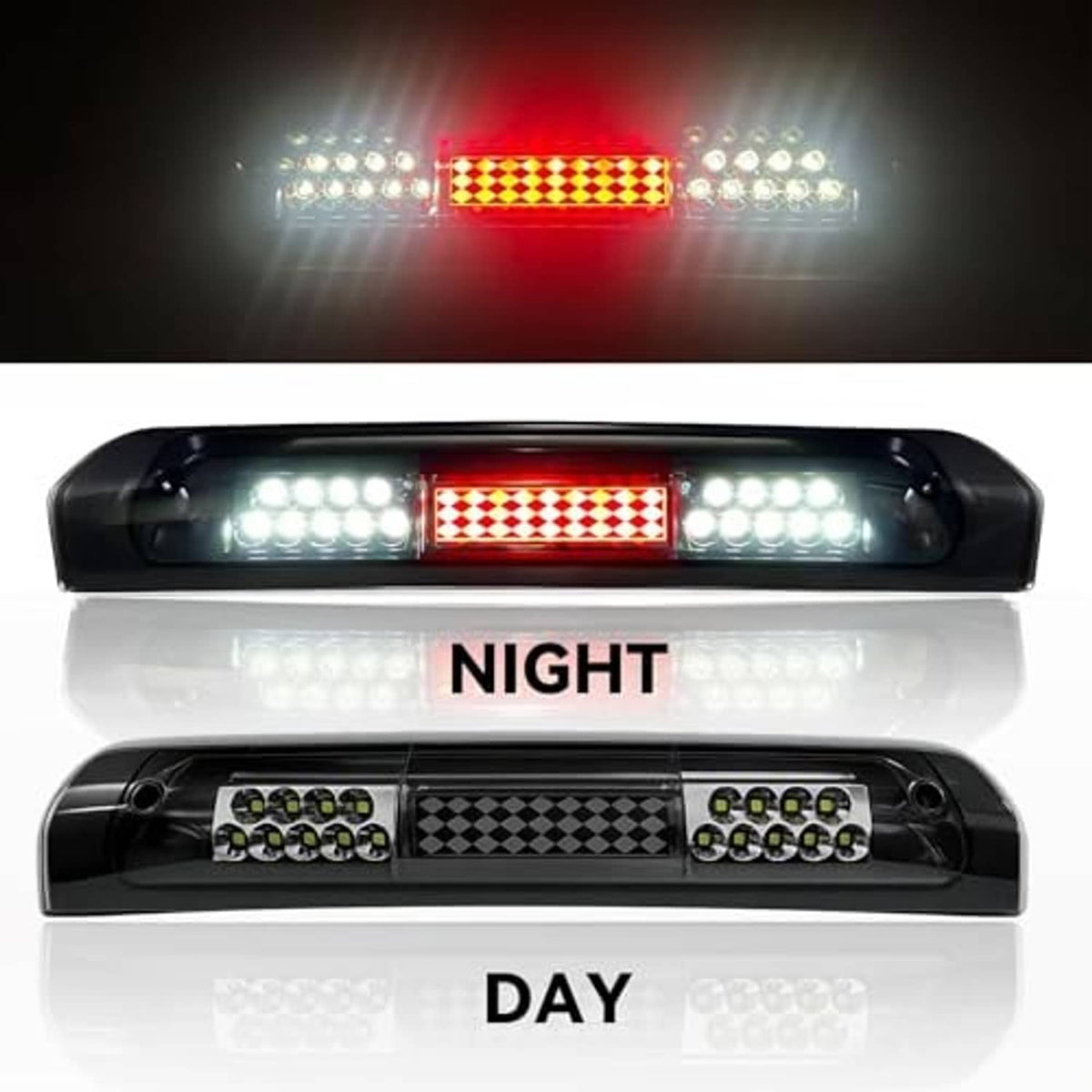 LED third brake light with bright red center and surrounding white LED clusters