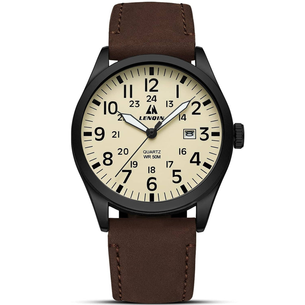 Men's analog sport watch front view: beige dial with black numerals, brown leather band.