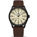 Men's analog sport watch front view: beige dial with black numerals, brown leather band.
