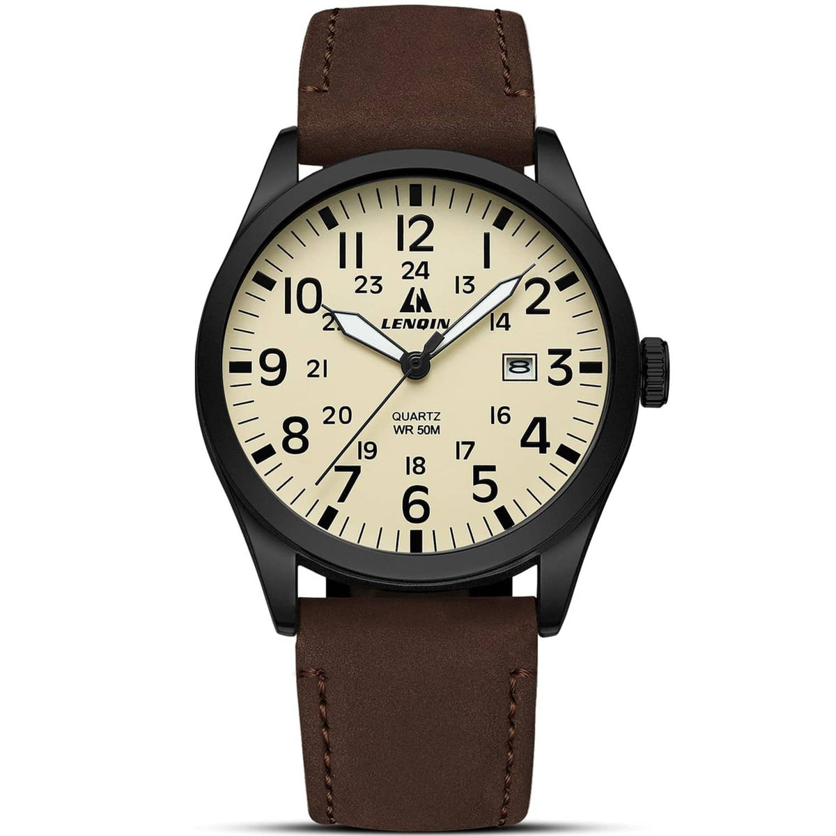 Men's analog sport watch front view: beige dial with black numerals, brown leather band.