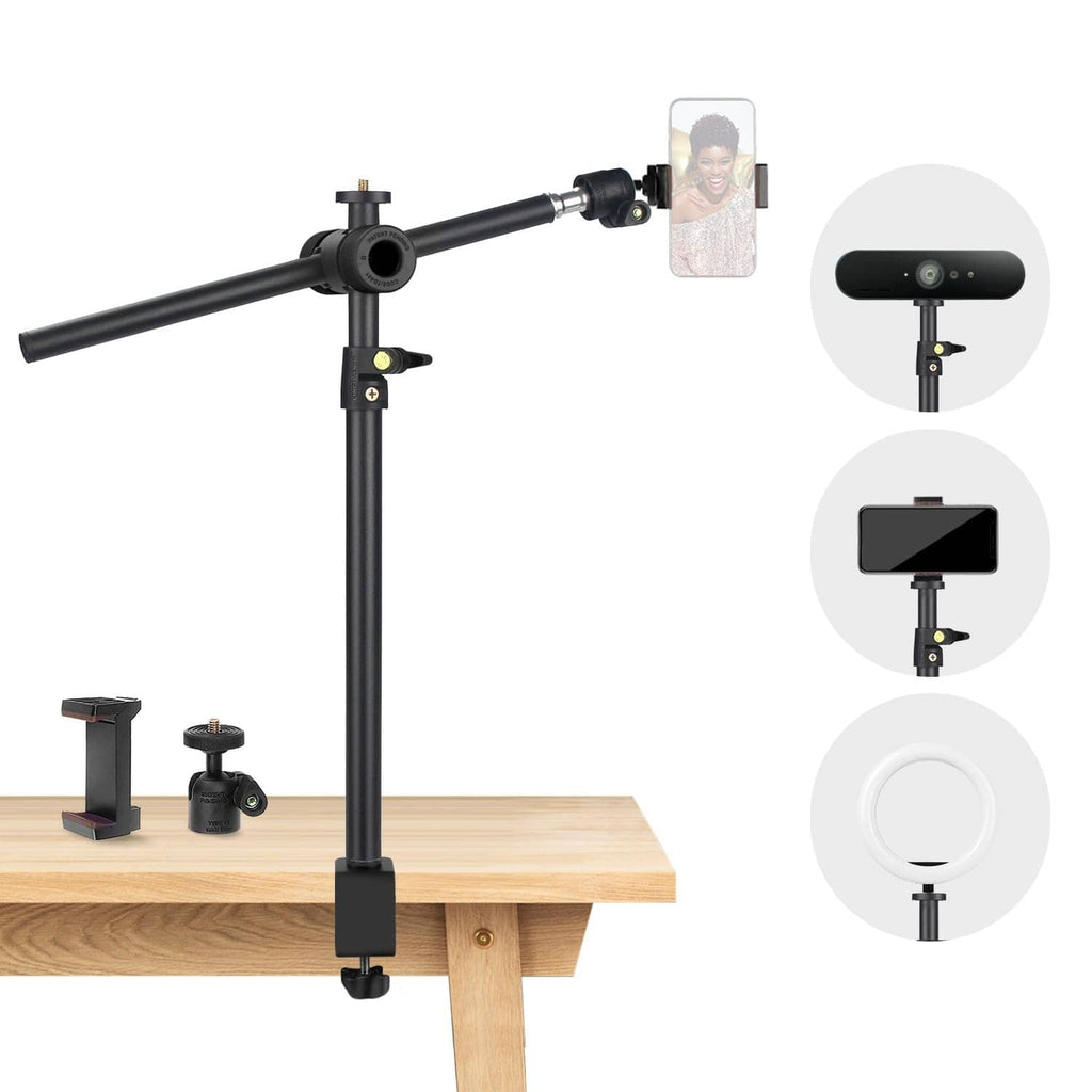 Overhead camera mount desk stand with black arm and clamp phone holder.