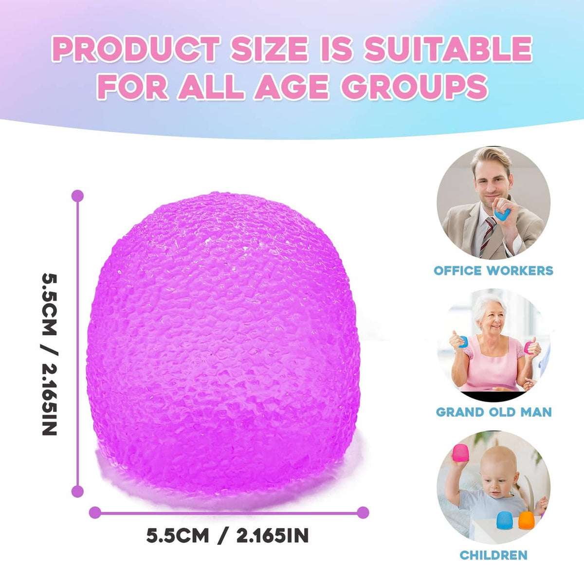 Purple foam squishy egg-shaped stress ball with size dimensions shown