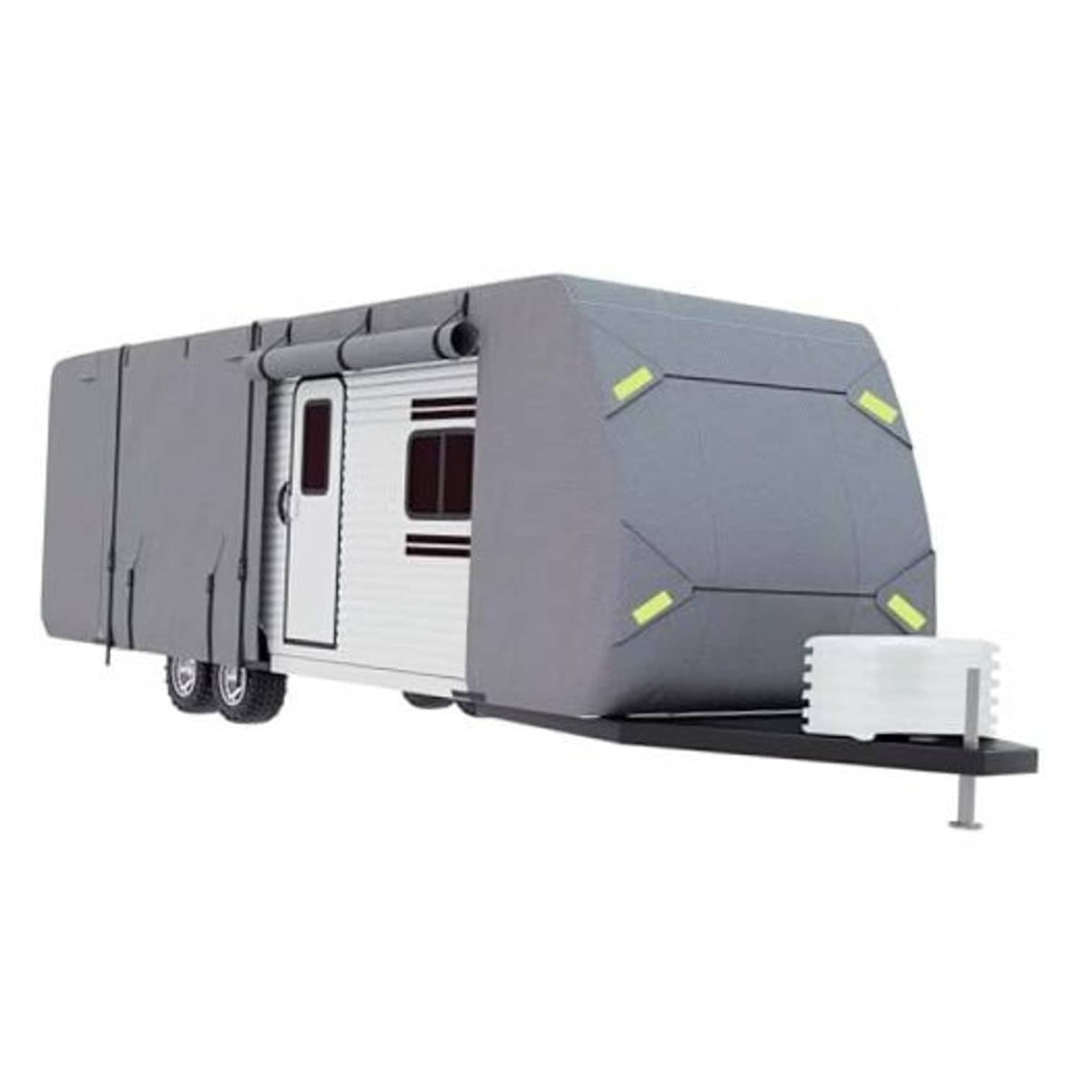 Gray camper cover over a travel trailer with lime reflective squares and secured front cinch