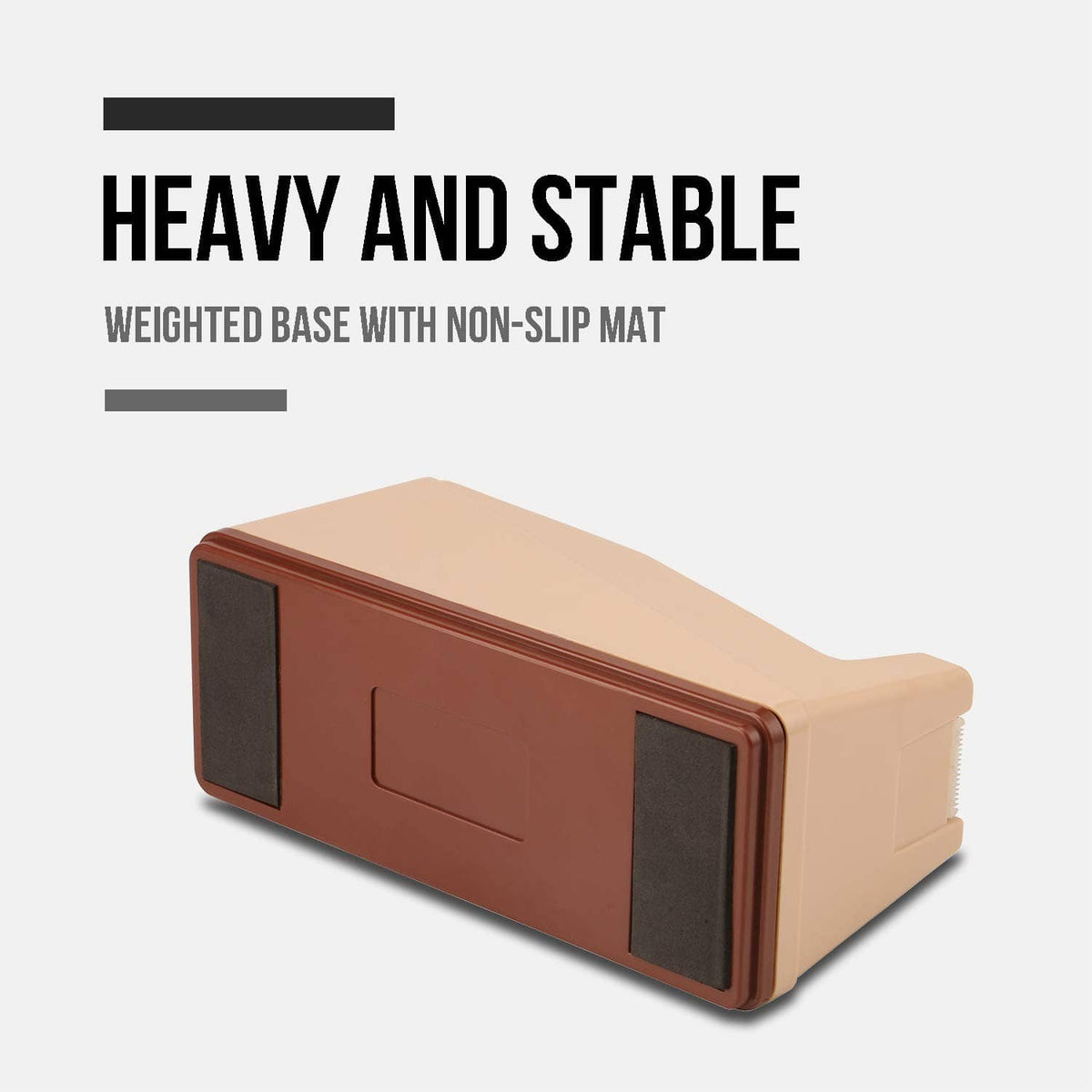 Beige and brown tape dispenser with built-in base, side view with tape roll