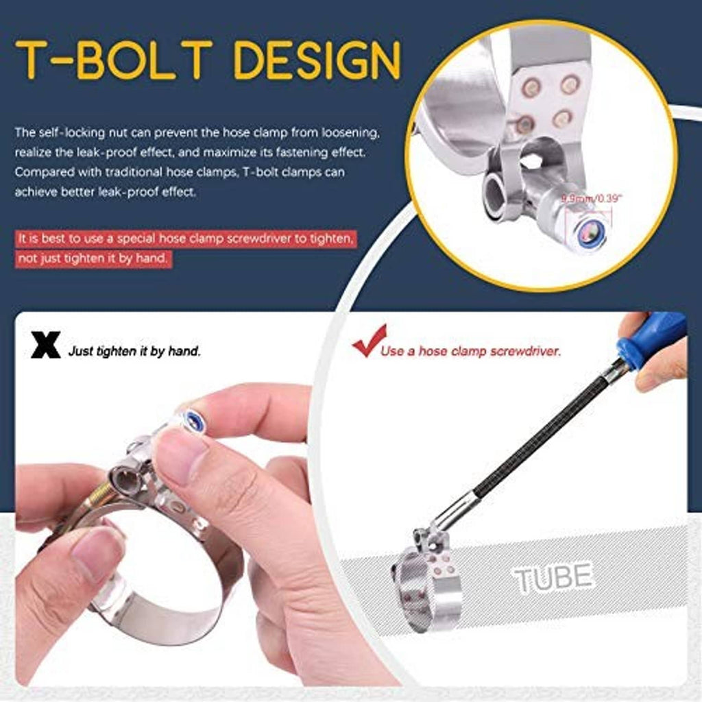 Stainless steel T-bolt hose clamp close-up with self-locking T-bolt design