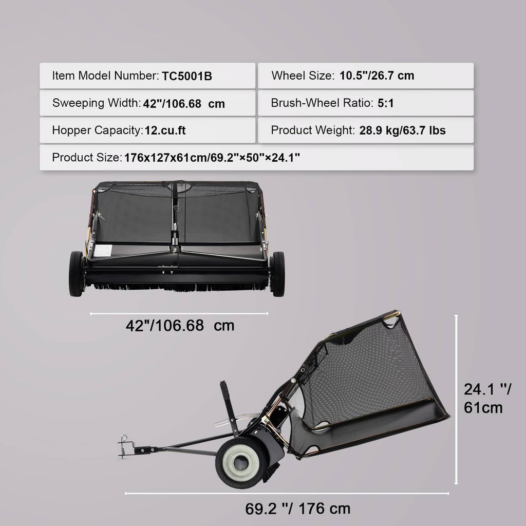 Tow-behind lawn sweeper dimensions layout showing black hopper and wheels