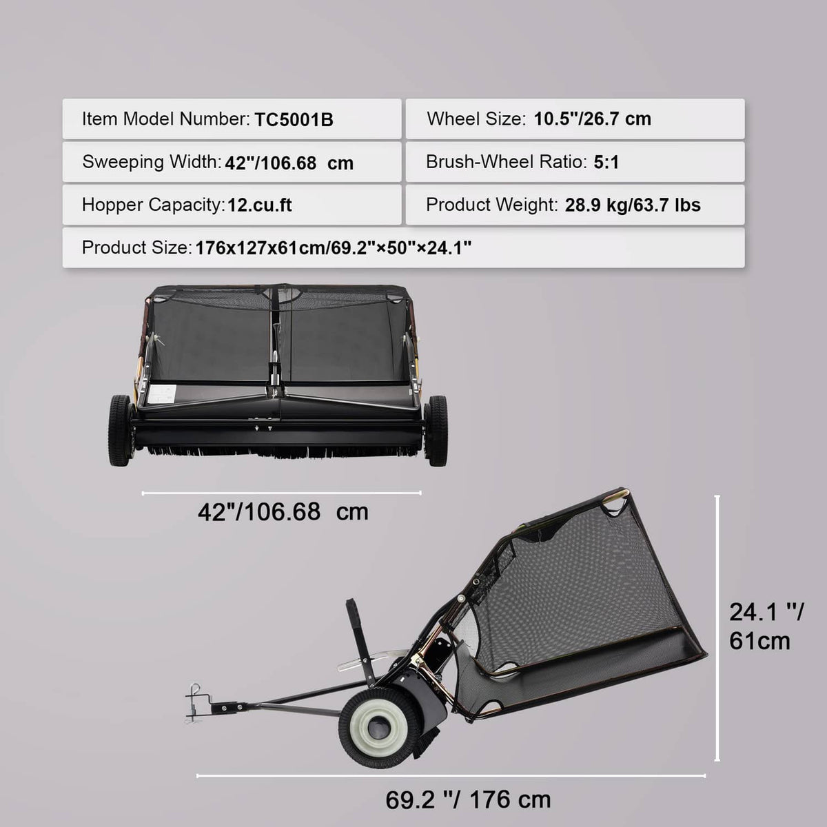 Tow-behind lawn sweeper dimensions layout showing black hopper and wheels
