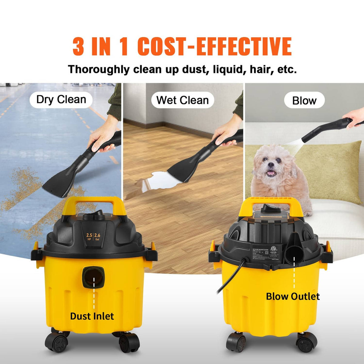 Wet/dry shop vacuum showing dry clean, wet clean, and blow nozzle options