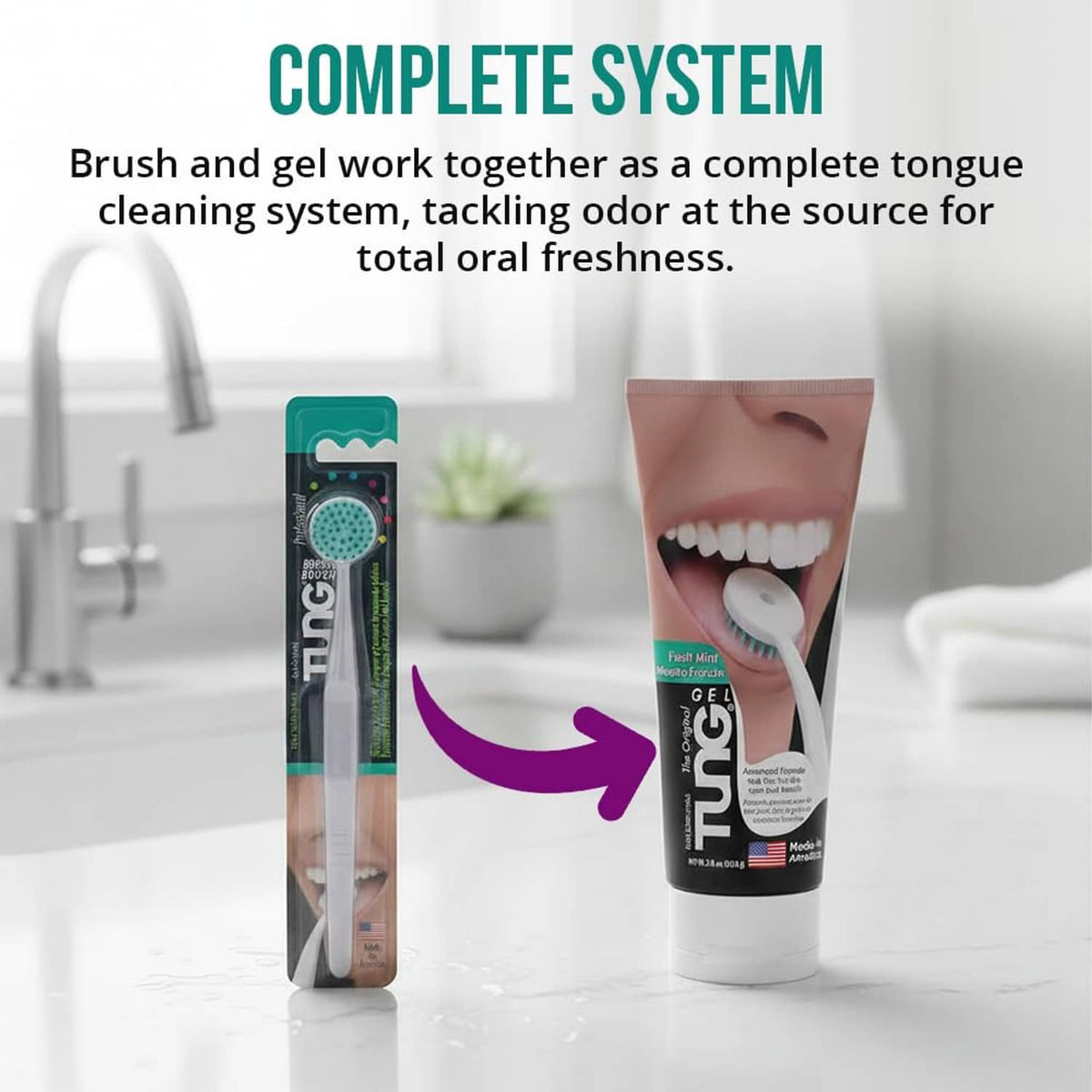 Tongue brush and gel tube together in a complete tongue cleaning system