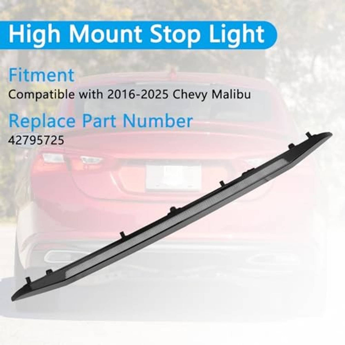 Black high mount stop light replacement bar with mounting tabs and clear lens strip
