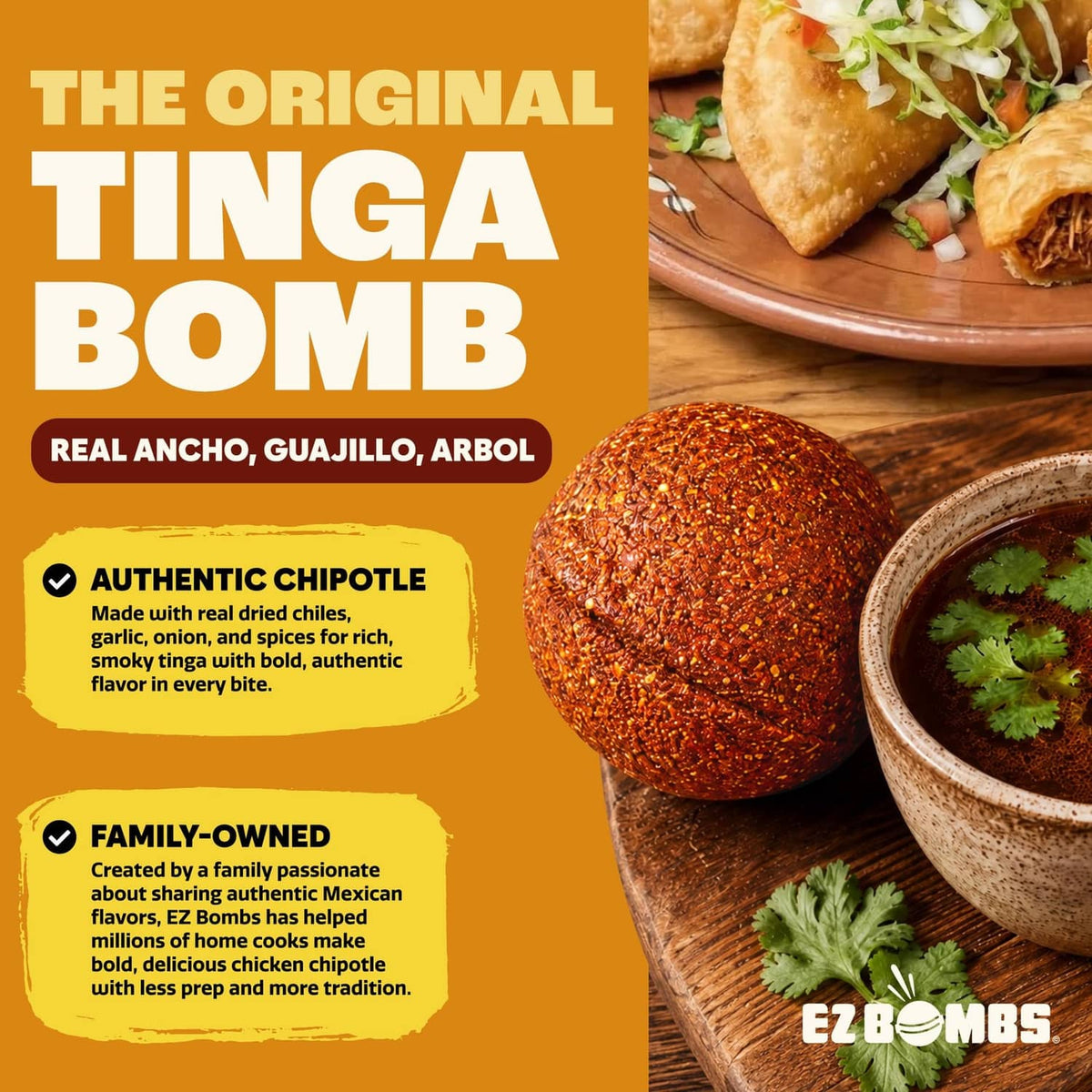 EZ Bombs chicken chipotle seasoning spice bomb with bowl and chopped herbs garnish