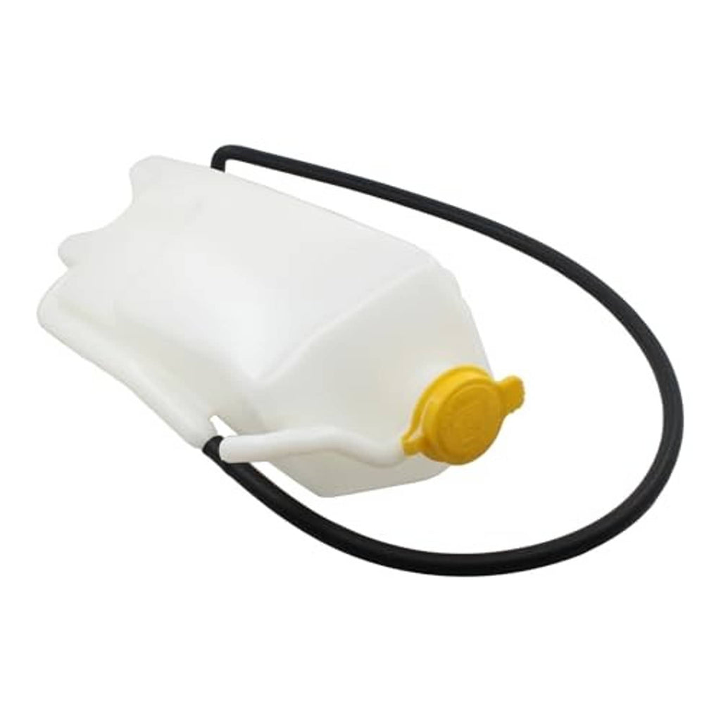 White coolant reservoir tank with yellow cap and curved black recovery hose