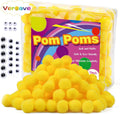 Set of yellow 1-inch pom poms in a clear storage bag with googly eyes