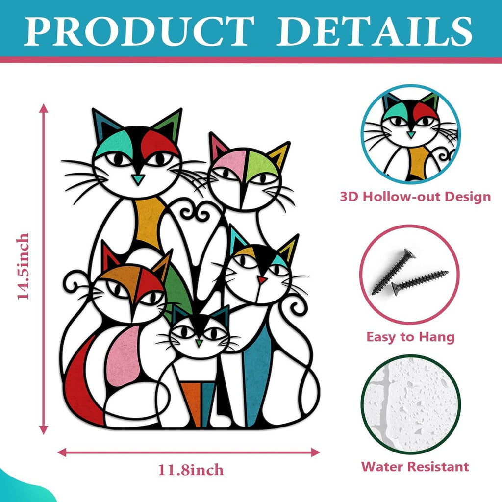 Metal cat wall art featuring five retro cats with red, green, pink, and blue accents