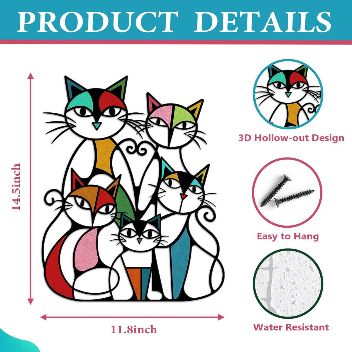 Metal cat wall art featuring five retro cats with red, green, pink, and blue accents
