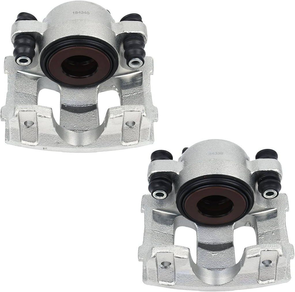 Front brake caliper pair with silver cast body and black brake piston seals