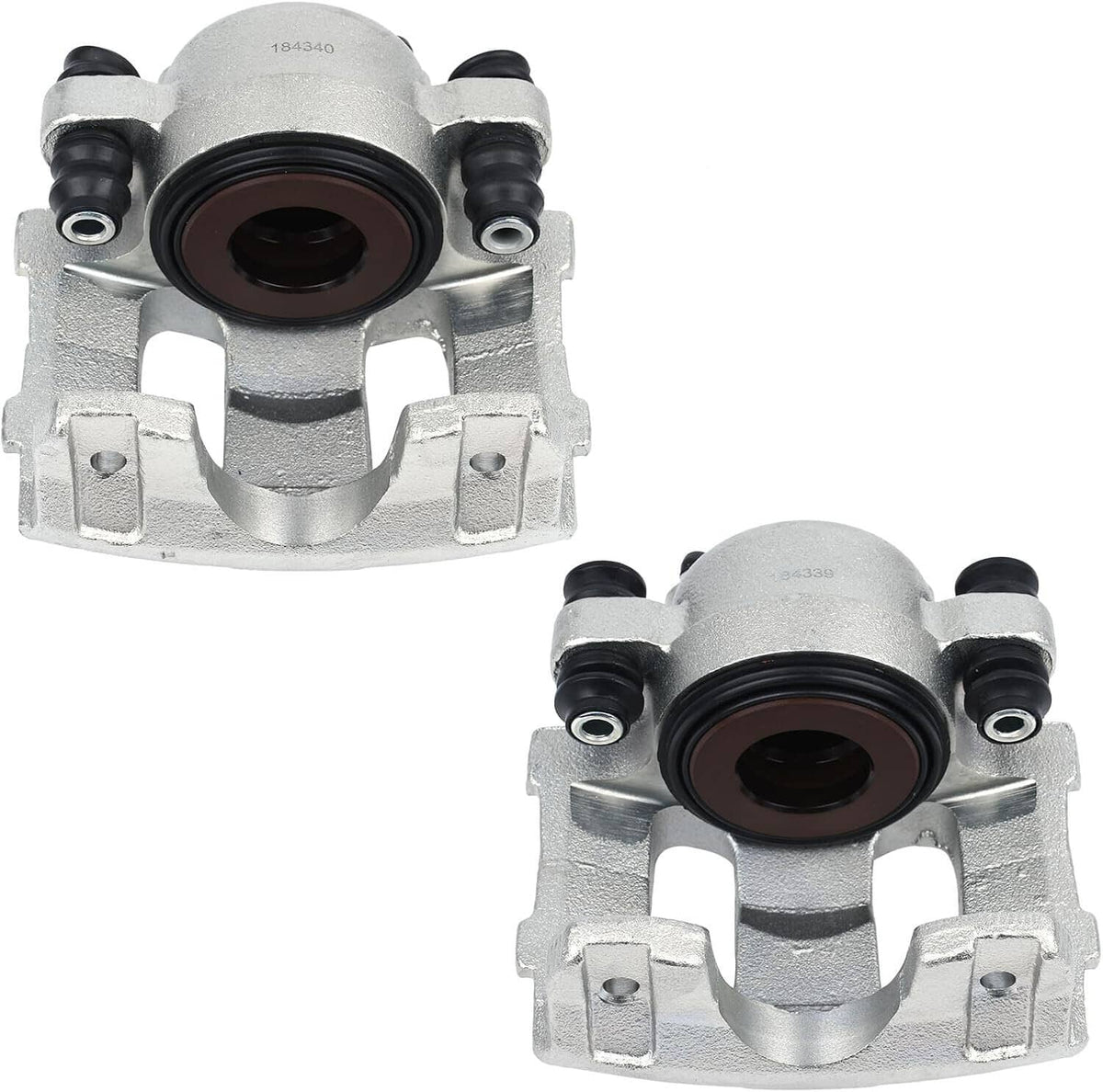Front brake caliper pair with silver cast body and black brake piston seals