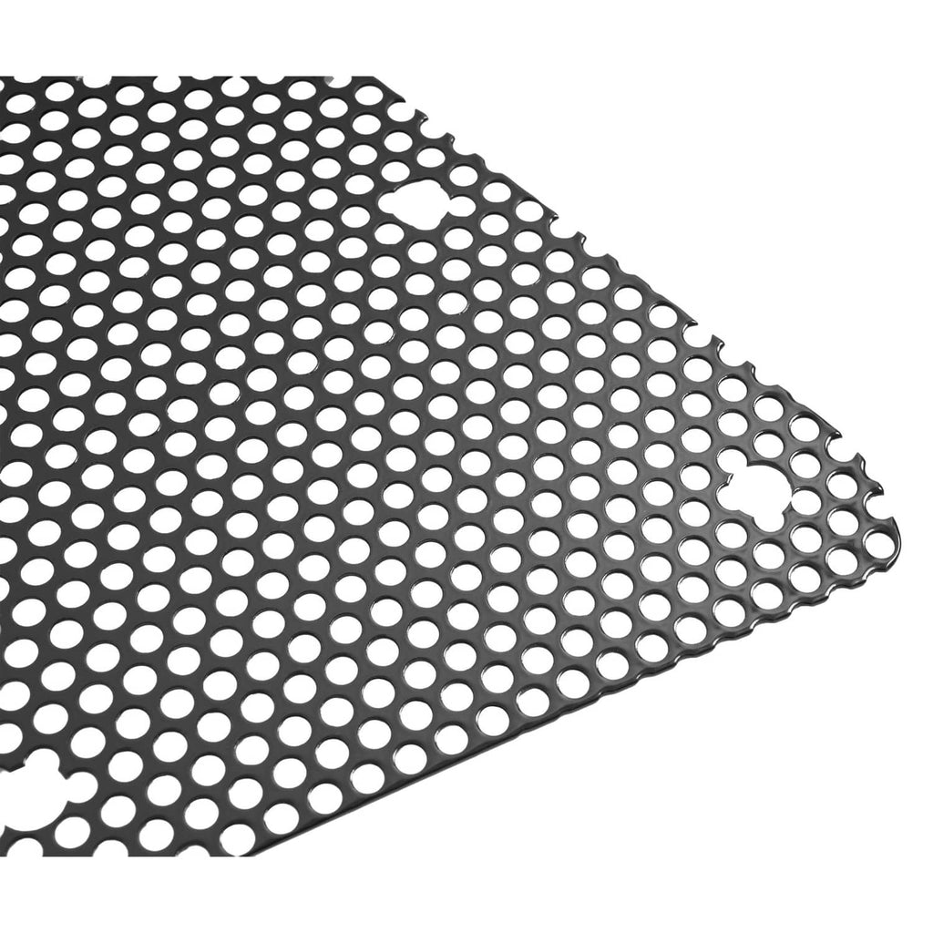 Close-up of perforated steel hood side screen mesh with circular openings
