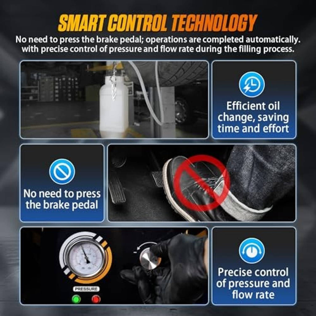 Brake fluid bleeder smart control panel with pressure gauge and flow control