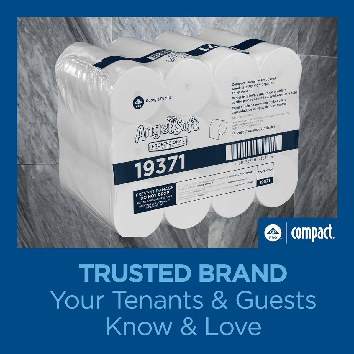 White coreless 2-ply embossed toilet paper pack with label 19371, plastic-wrapped rolls.