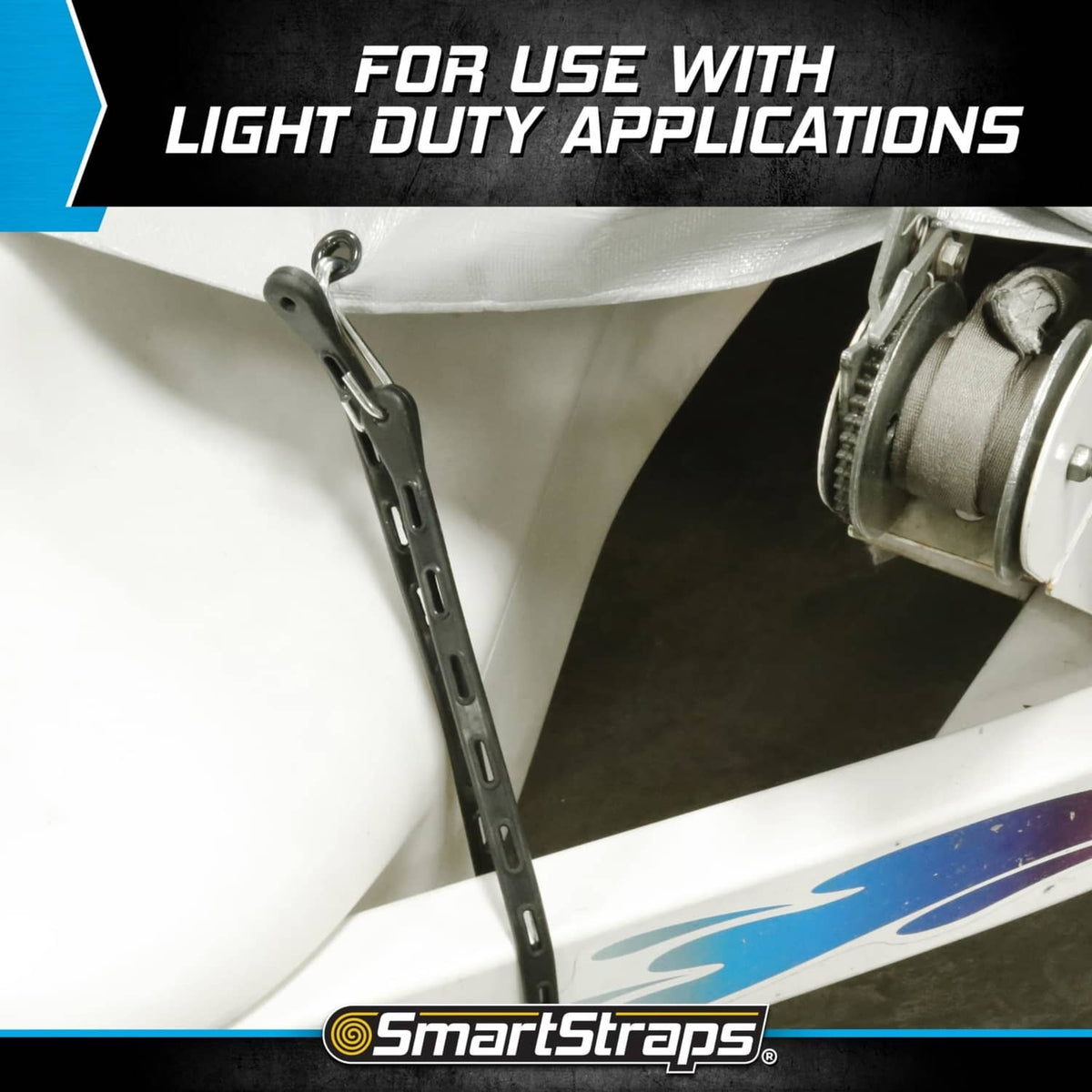 Adjustable rubber tarp cargo strap securing a white tarp to a trailer frame