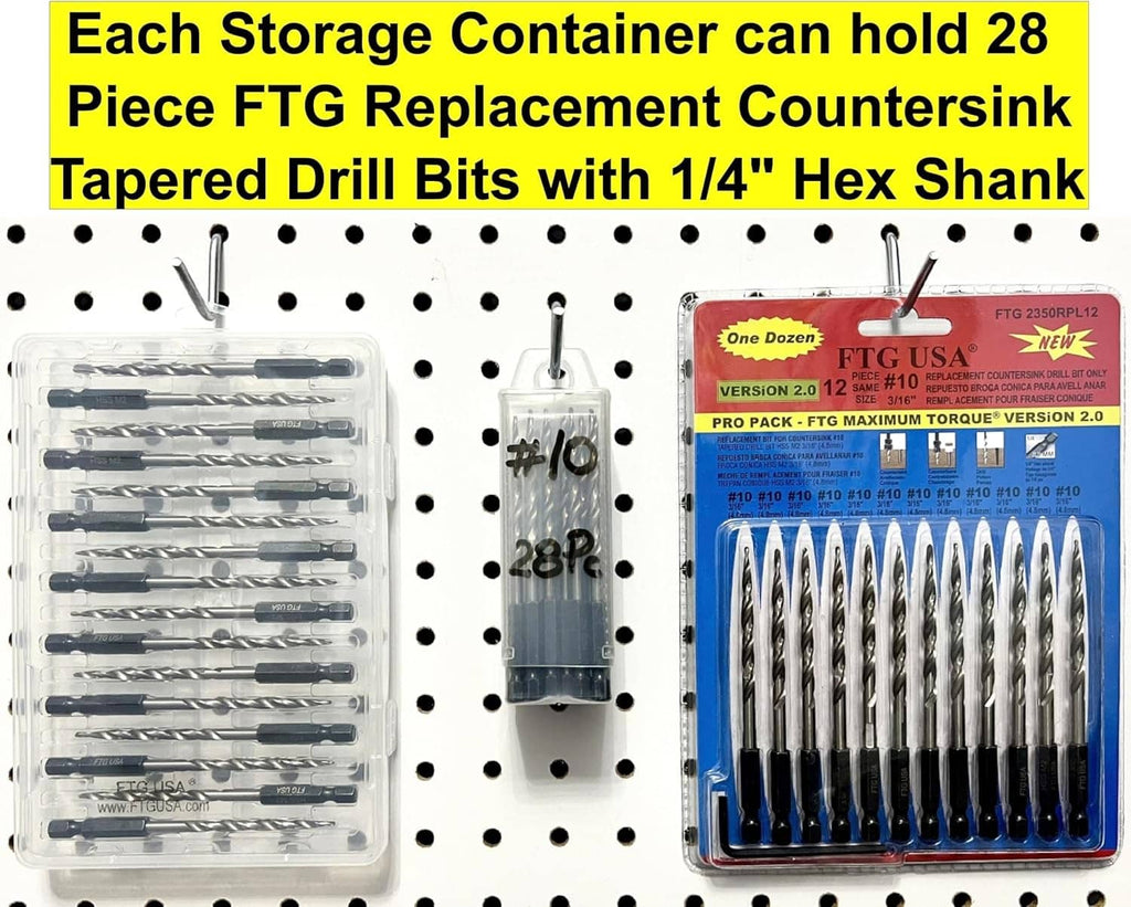 Extendable translucent storage containers with tapered countersink drill bits inside