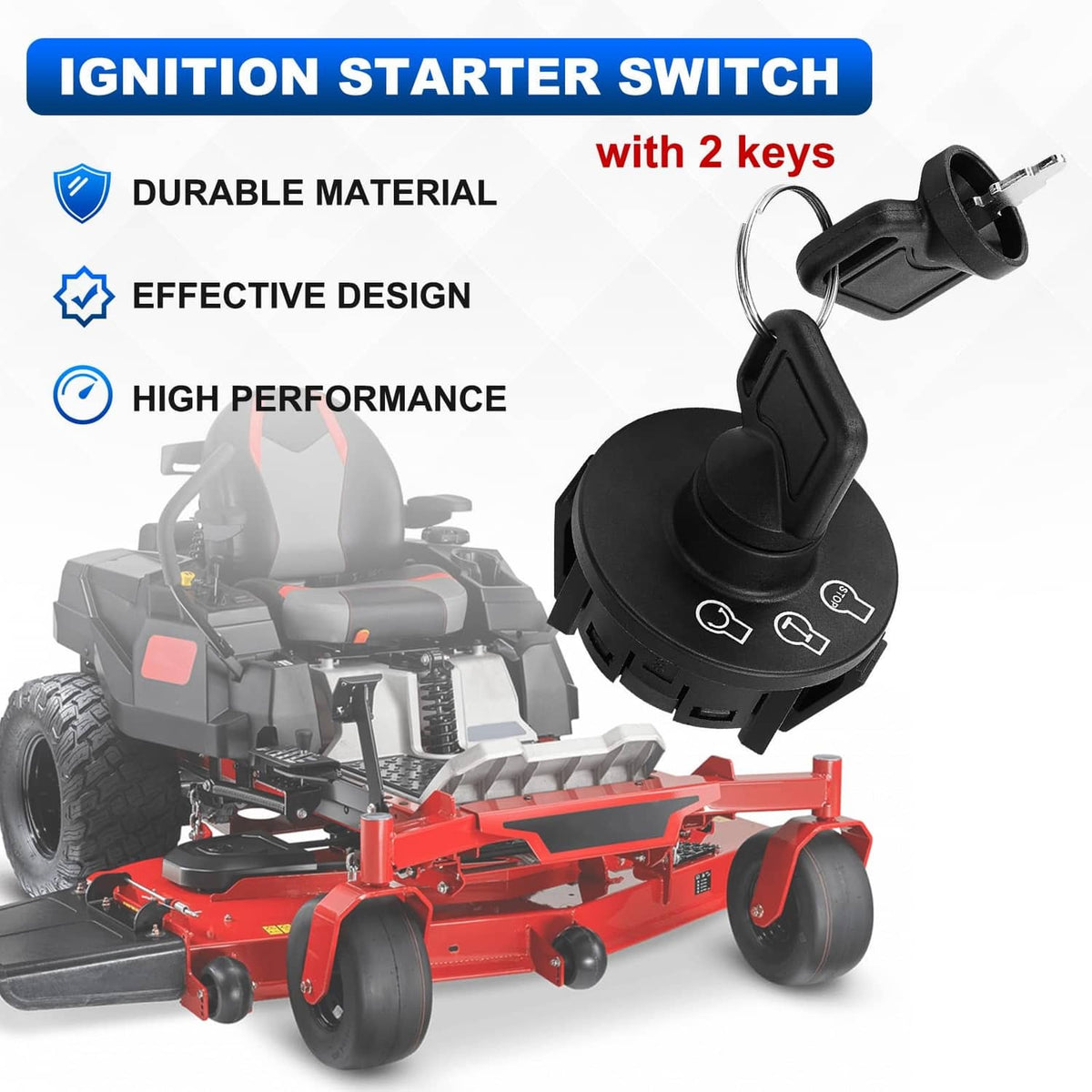 Ignition starter switch with two keys, black rocker-style position panel and key