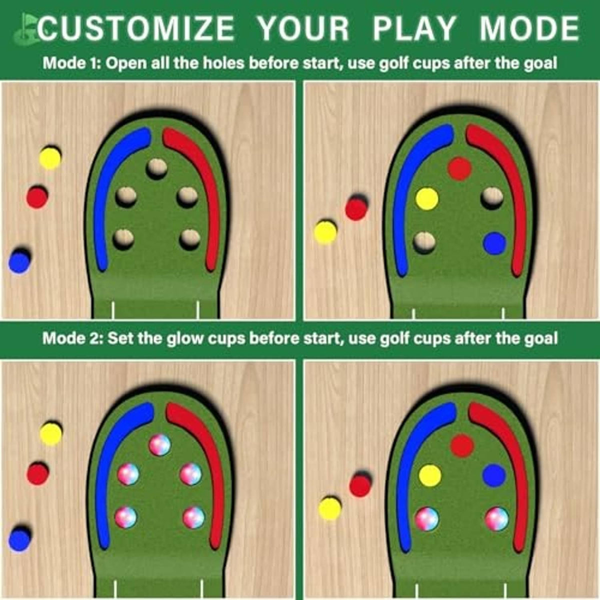 Kids golf game mat with two play modes shown by cup and ball placements