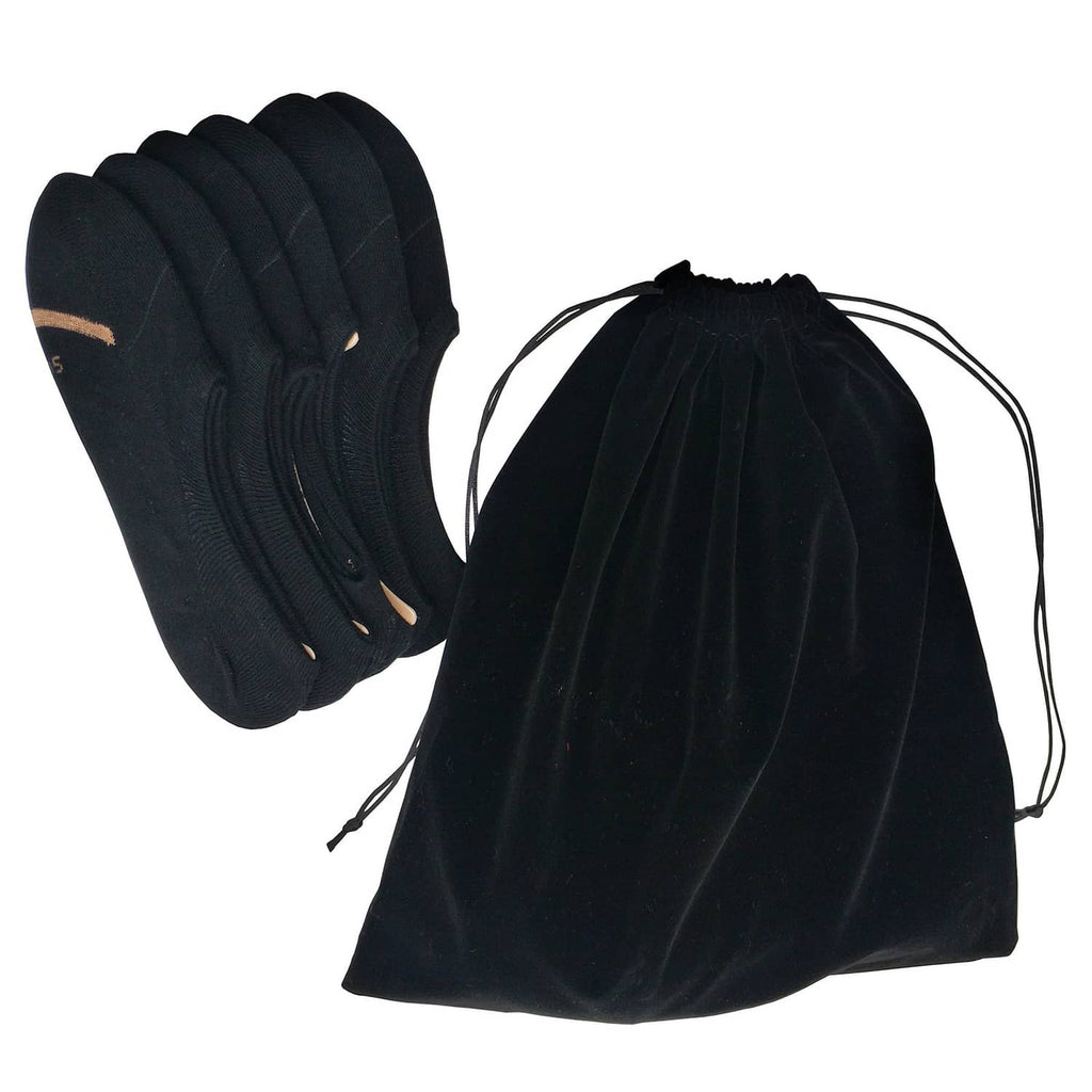 Set of black velvet drawstring pouch bags, one opened and one closed
